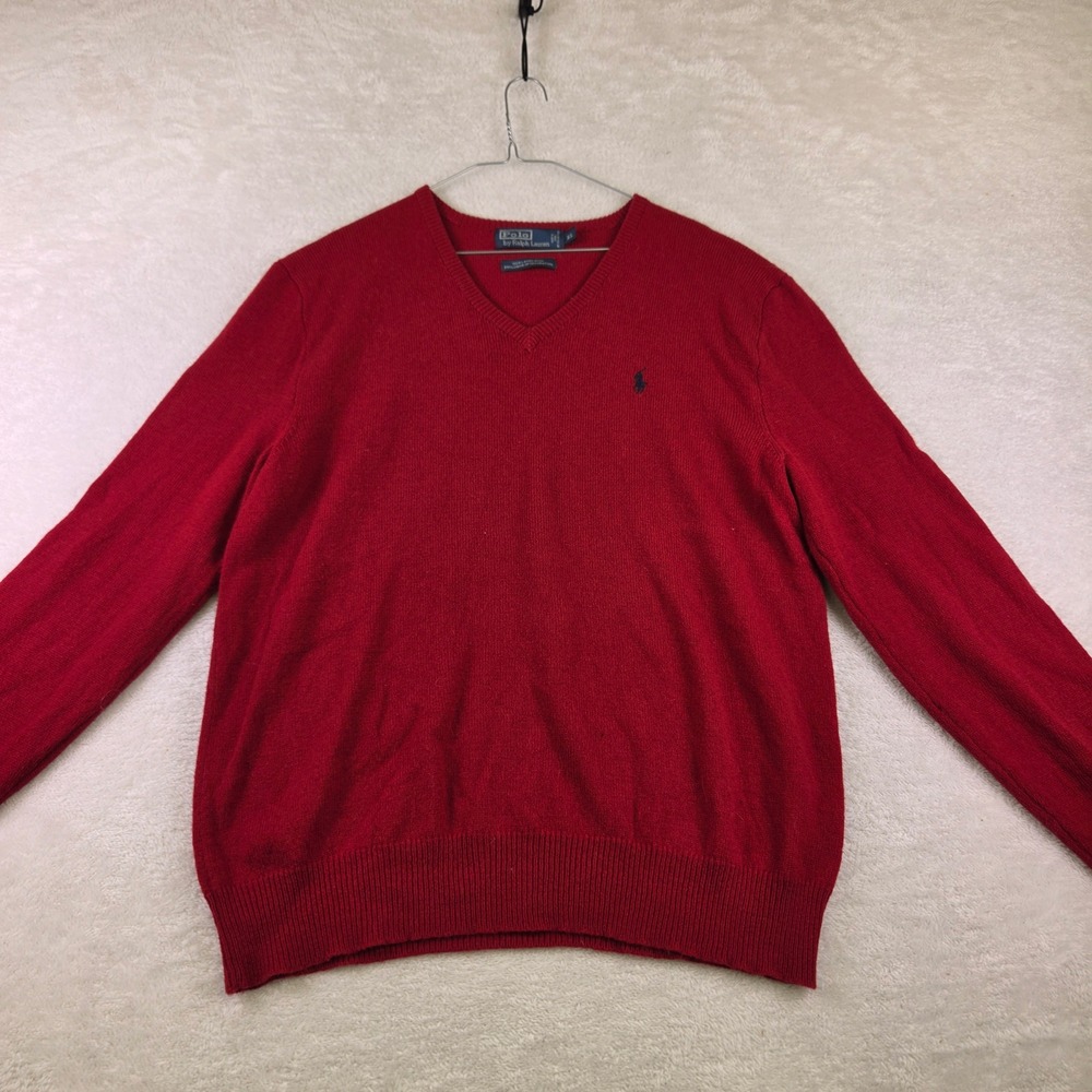 Polo Ralph Lauren Red 100% Lambswool V-Neck Sweater Mens XL Italian Yarn